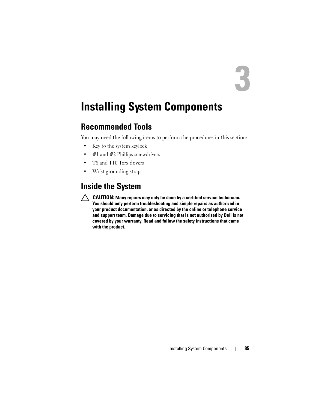 Dell E06S Series, E06S001 owner manual Recommended Tools, Inside the System, Installing System Components 