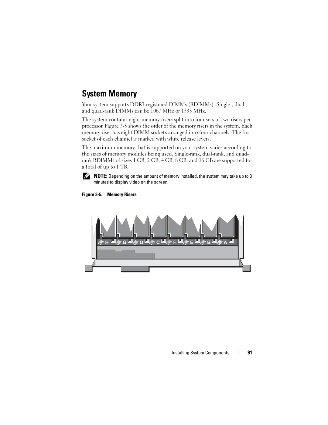 Dell E06S Series, E06S001 owner manual System Memory, Memory Risers Installing System Components 