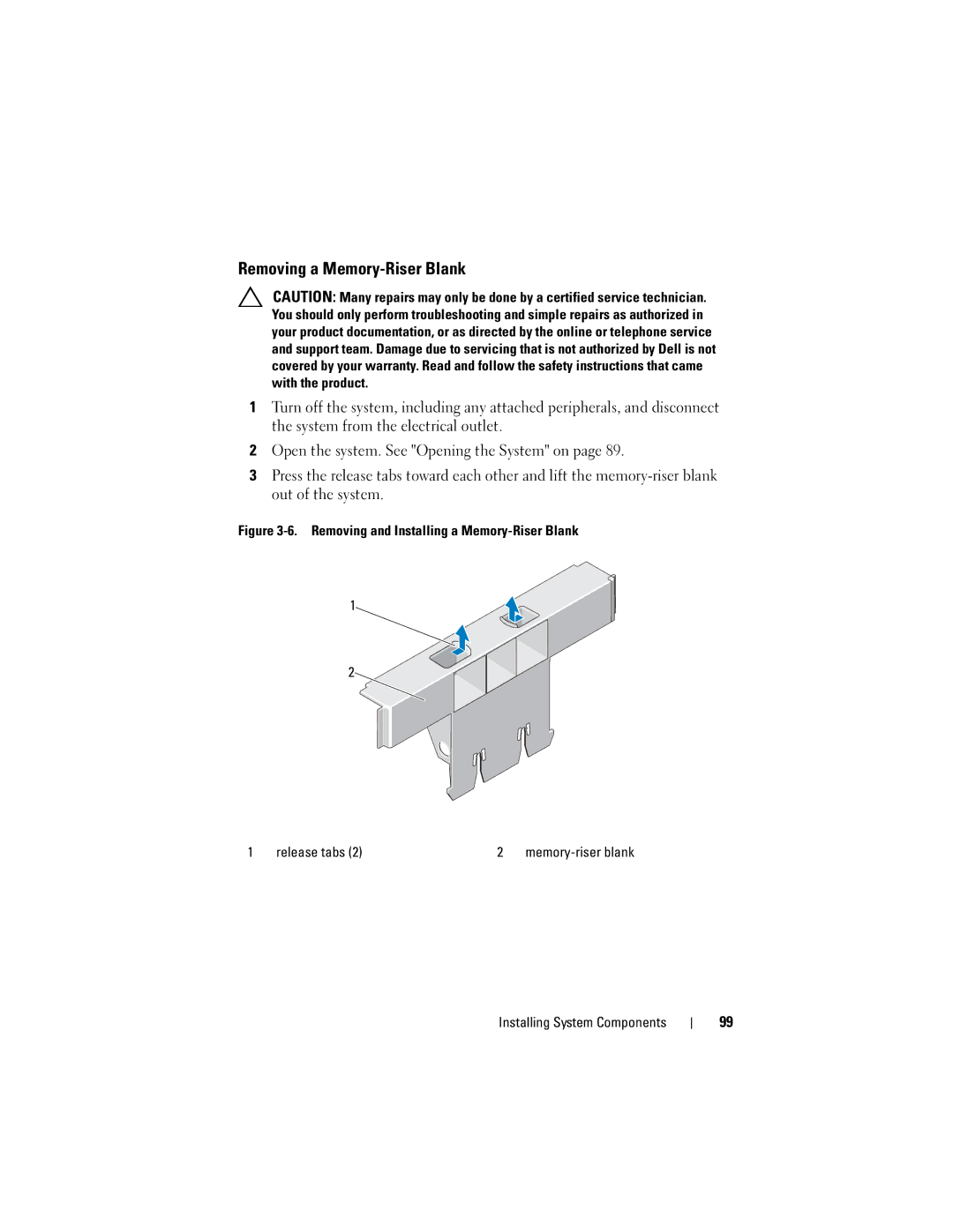 Dell E06S Series, E06S001 owner manual Removing a Memory-Riser Blank 