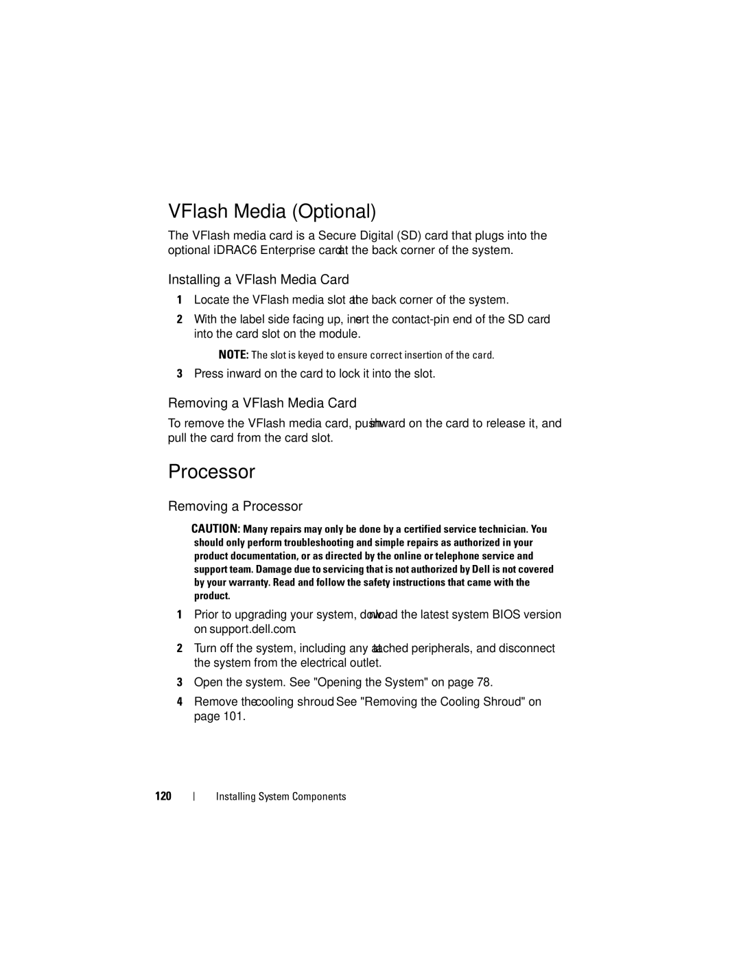 Dell E07S Series, E07S002 VFlash Media Optional, Processor, Installing a VFlash Media Card, Removing a VFlash Media Card 