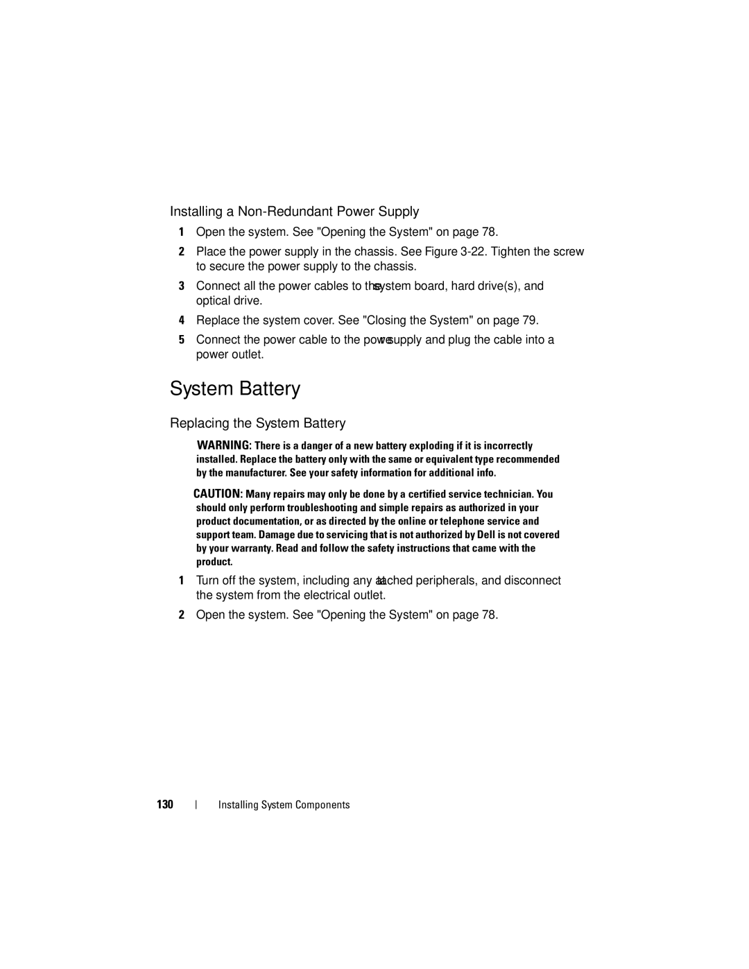 Dell E07S Series, E07S002 owner manual Installing a Non-Redundant Power Supply, Replacing the System Battery 