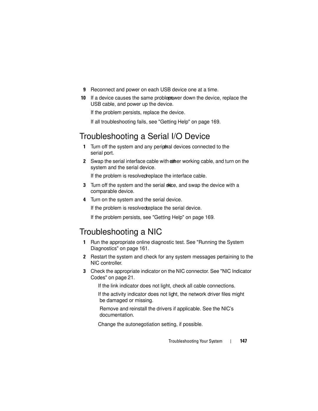 Dell E07S002, E07S Series owner manual Troubleshooting a Serial I/O Device, Troubleshooting a NIC 