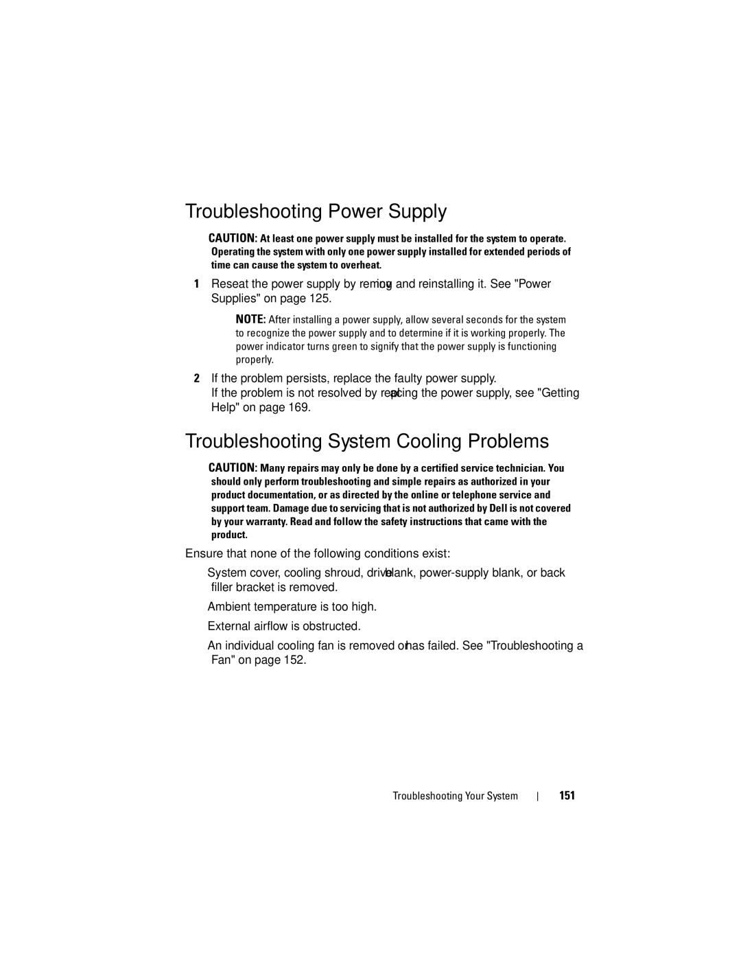 Dell E07S002, E07S Series owner manual Troubleshooting Power Supply, Troubleshooting System Cooling Problems 