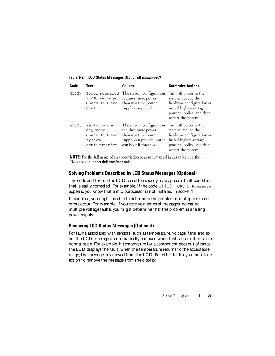 Dell E07S002 owner manual Solving Problems Described by LCD Status Messages Optional, Removing LCD Status Messages Optional 