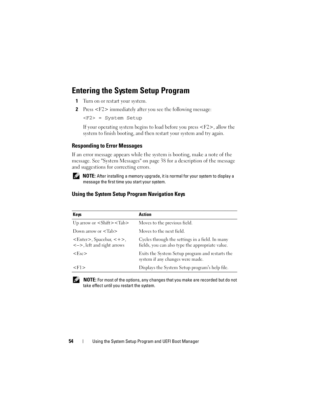 Dell E07S Series, E07S002 Entering the System Setup Program, Responding to Error Messages, System if any changes were made 