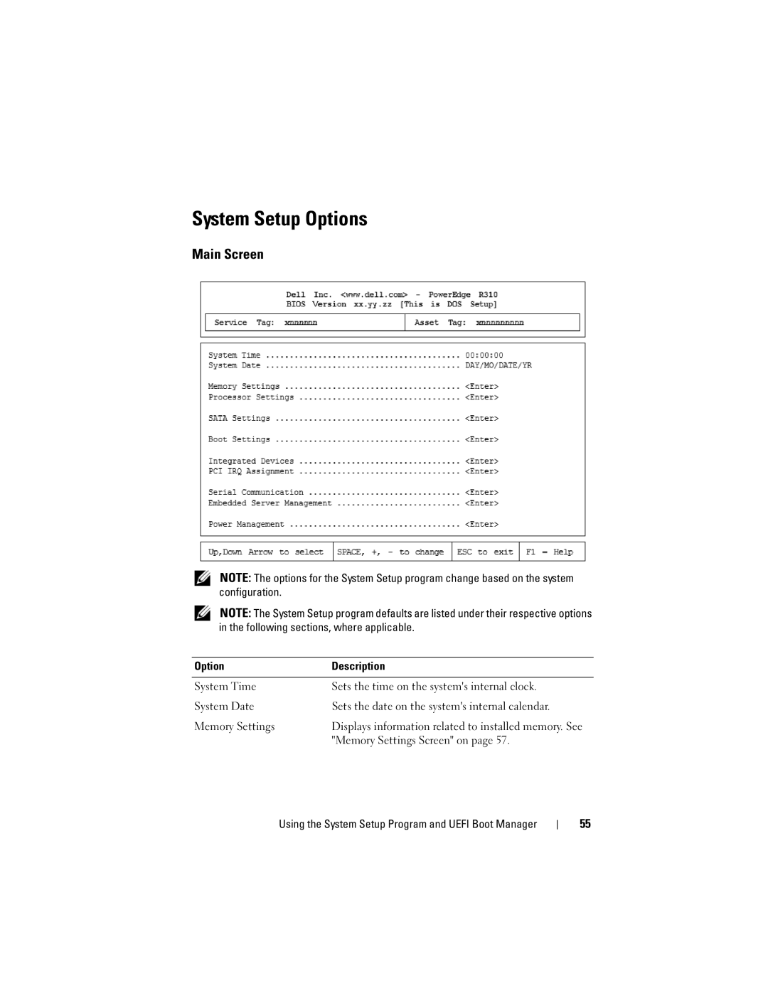 Dell E07S002, E07S Series owner manual System Setup Options, Main Screen, Memory Settings Screen on 