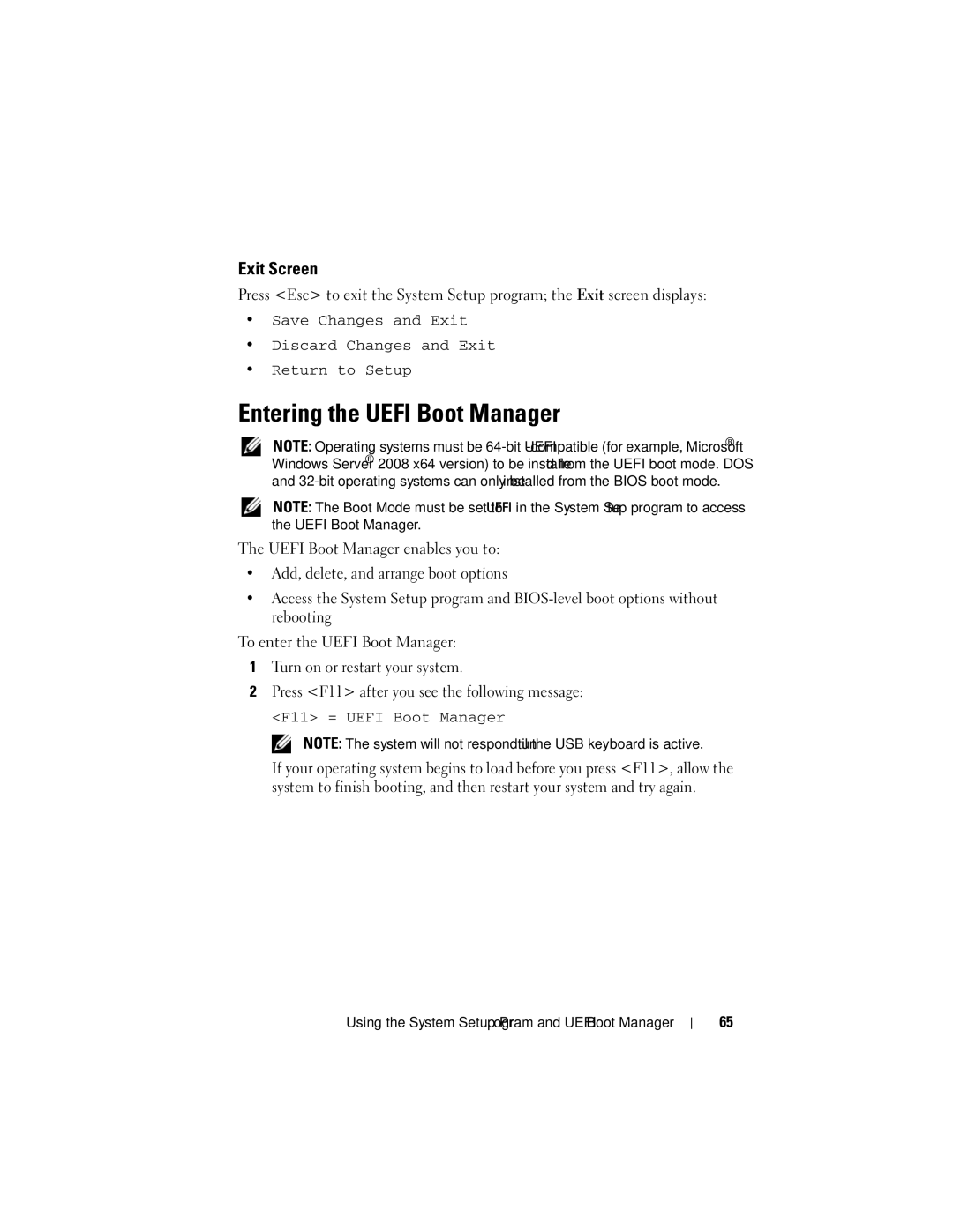 Dell E07S002, E07S Series owner manual Entering the Uefi Boot Manager, Exit Screen 