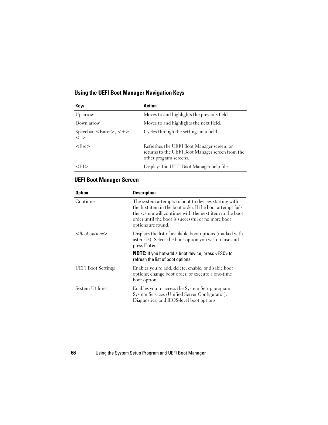 Dell E07S Series, E07S002 owner manual Using the Uefi Boot Manager Navigation Keys, Uefi Boot Manager Screen 