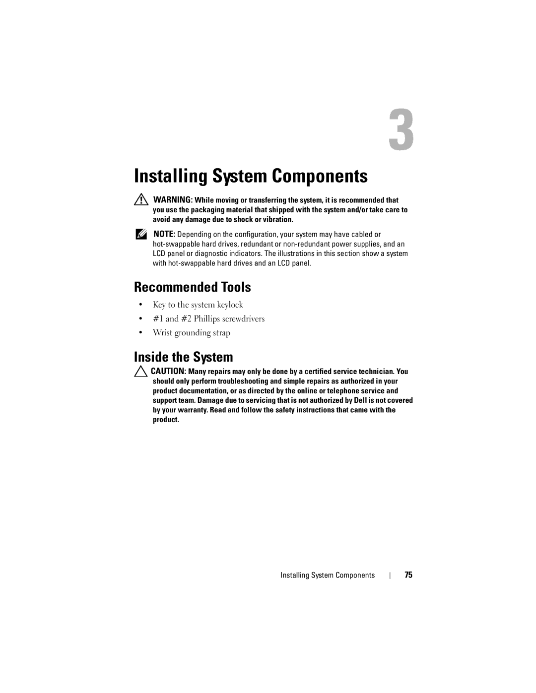 Dell E07S002, E07S Series owner manual Recommended Tools, Inside the System, Installing System Components 