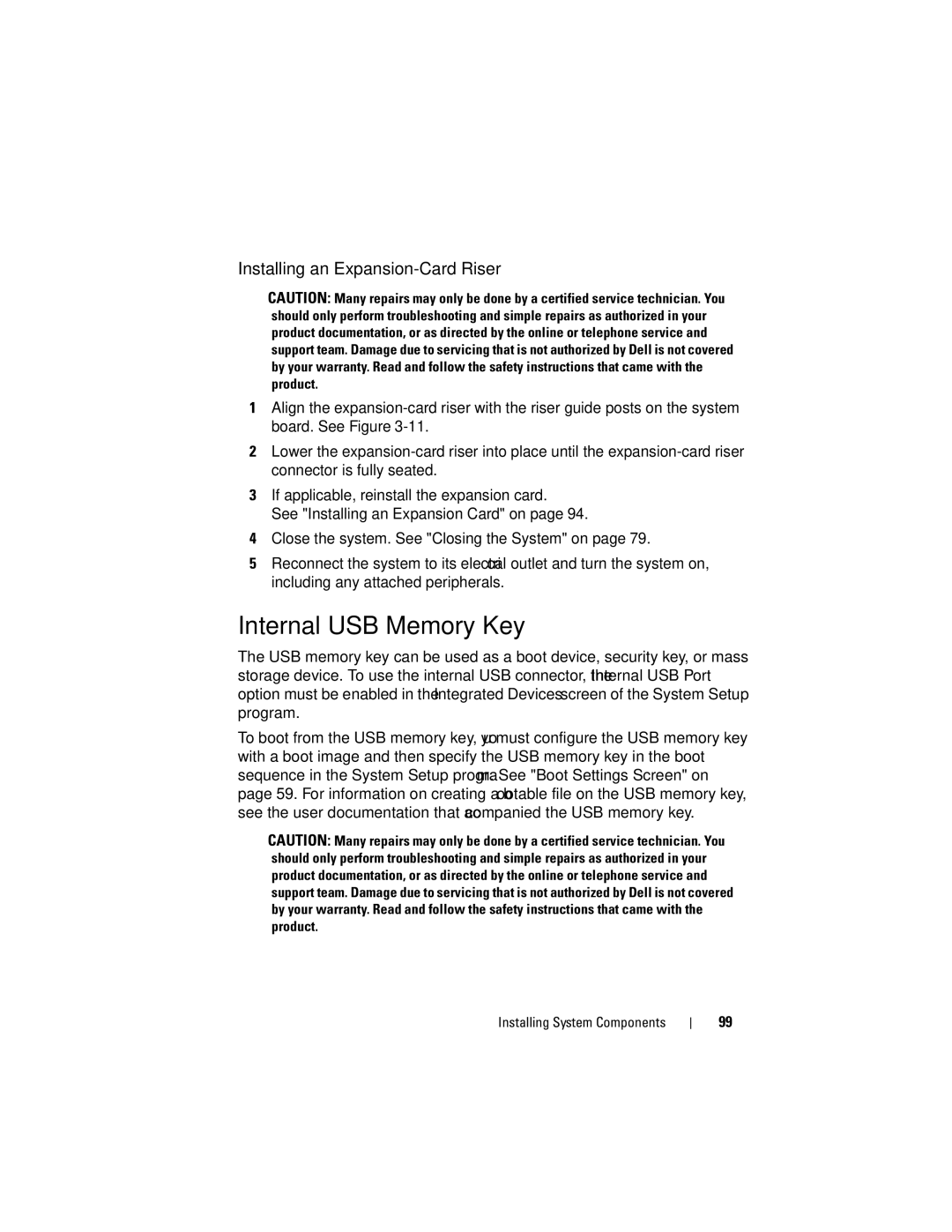 Dell E07S002, E07S Series owner manual Internal USB Memory Key, Installing an Expansion-Card Riser 