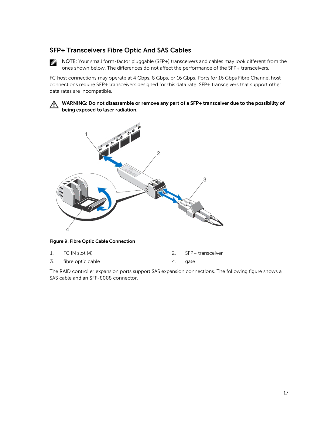 Dell E08J Series owner manual SFP+ Transceivers Fibre Optic And SAS Cables, Fibre Optic Cable Connection 