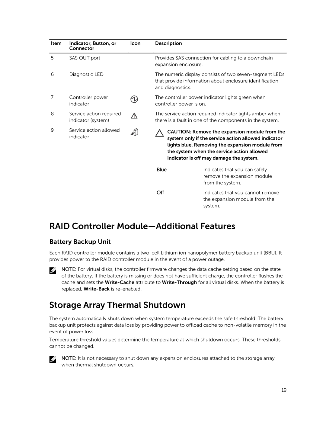 Dell E08J Series RAID Controller Module-Additional Features, Storage Array Thermal Shutdown, Battery Backup Unit 