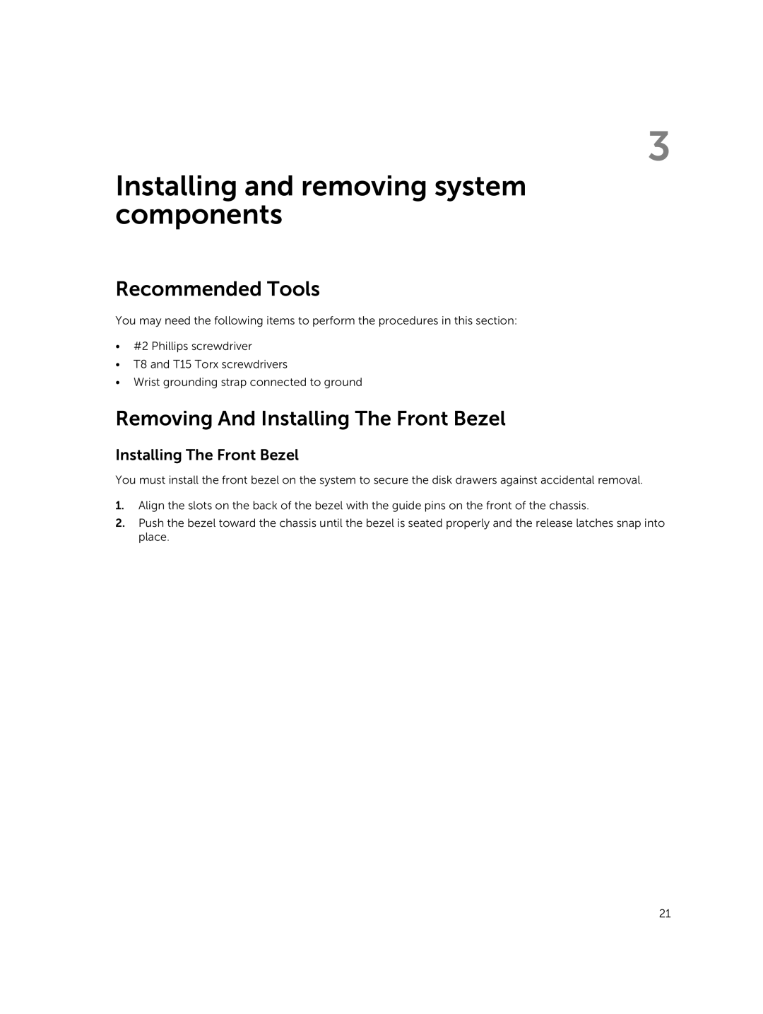 Dell E08J Series owner manual Recommended Tools, Removing And Installing The Front Bezel 