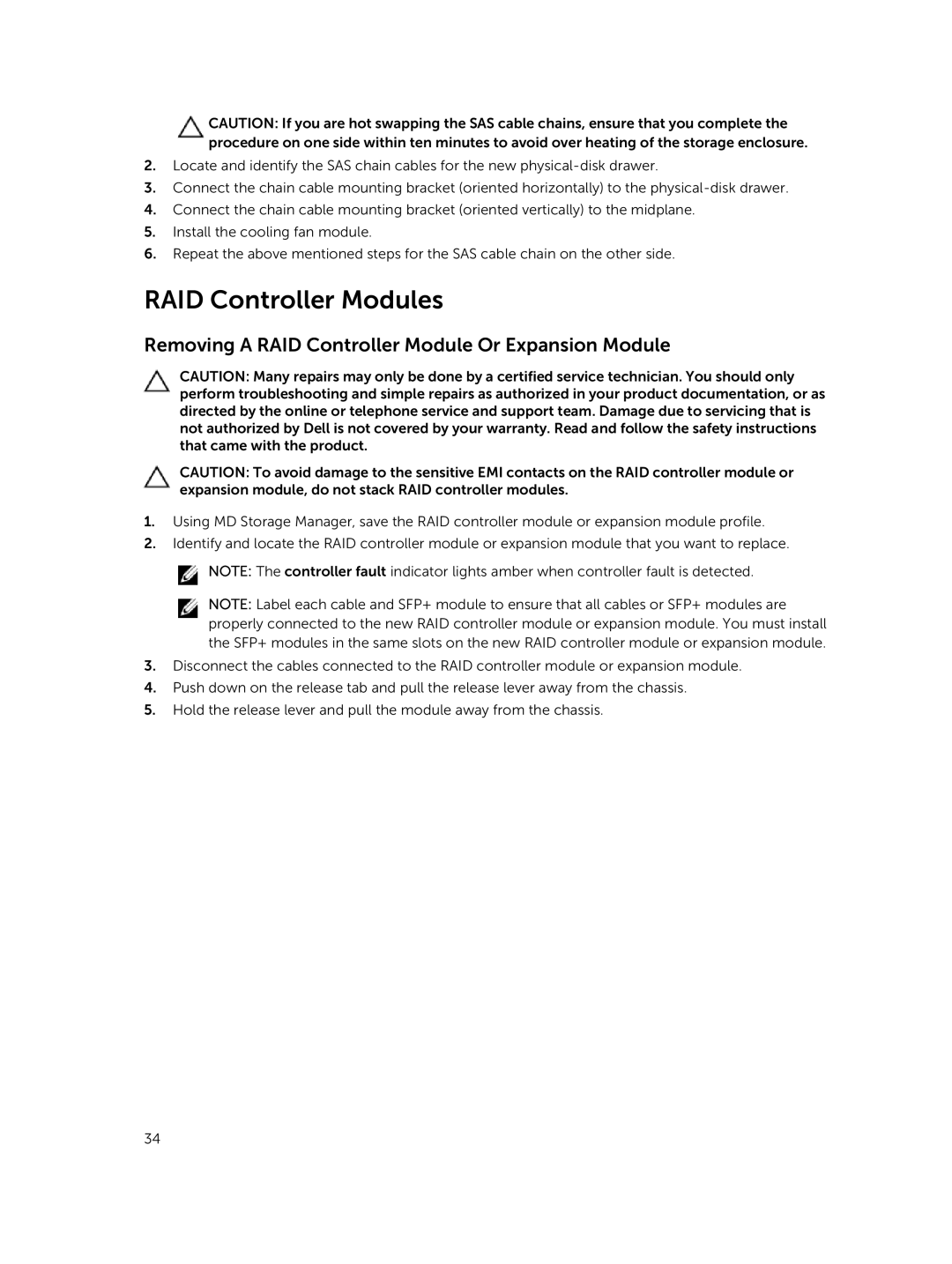 Dell E08J Series owner manual RAID Controller Modules, Removing a RAID Controller Module Or Expansion Module 