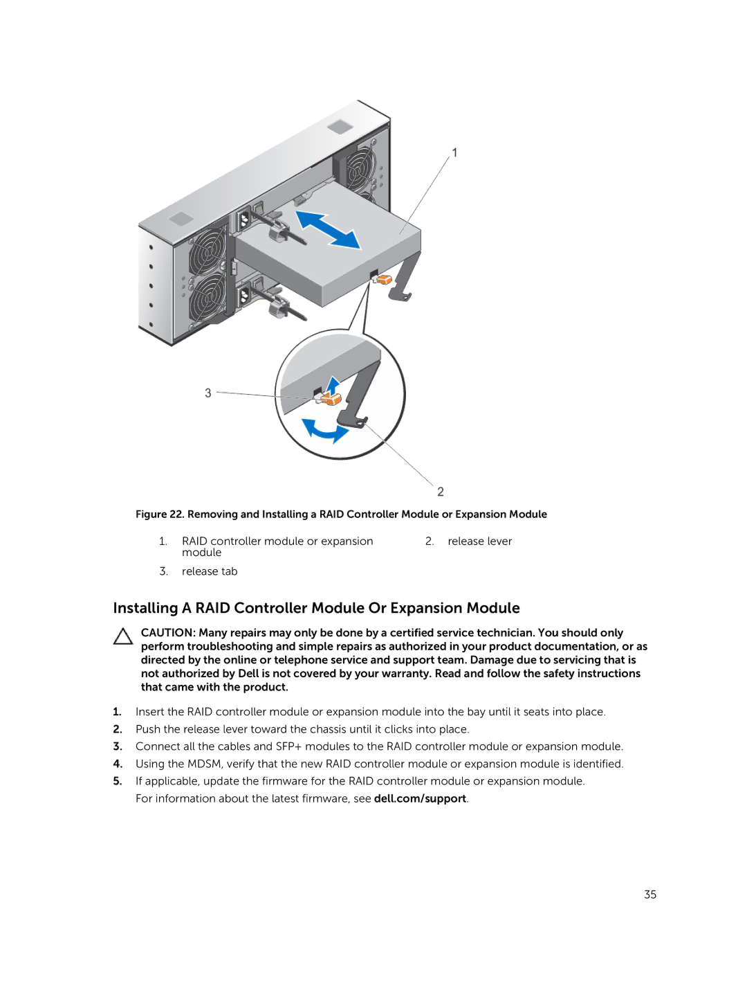 Dell E08J Series owner manual Installing a RAID Controller Module Or Expansion Module 