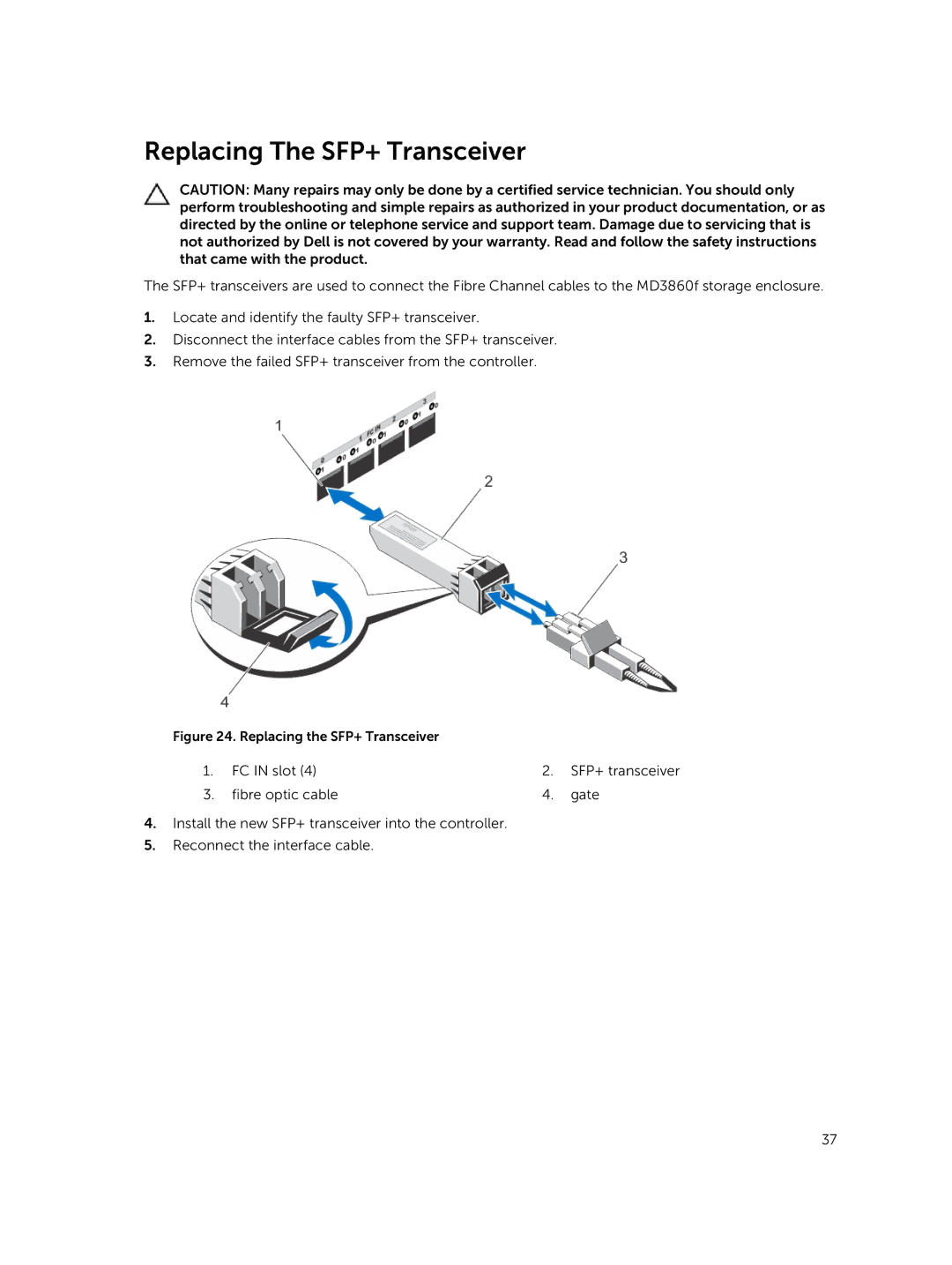 Dell E08J Series owner manual Replacing The SFP+ Transceiver, Replacing the SFP+ Transceiver 