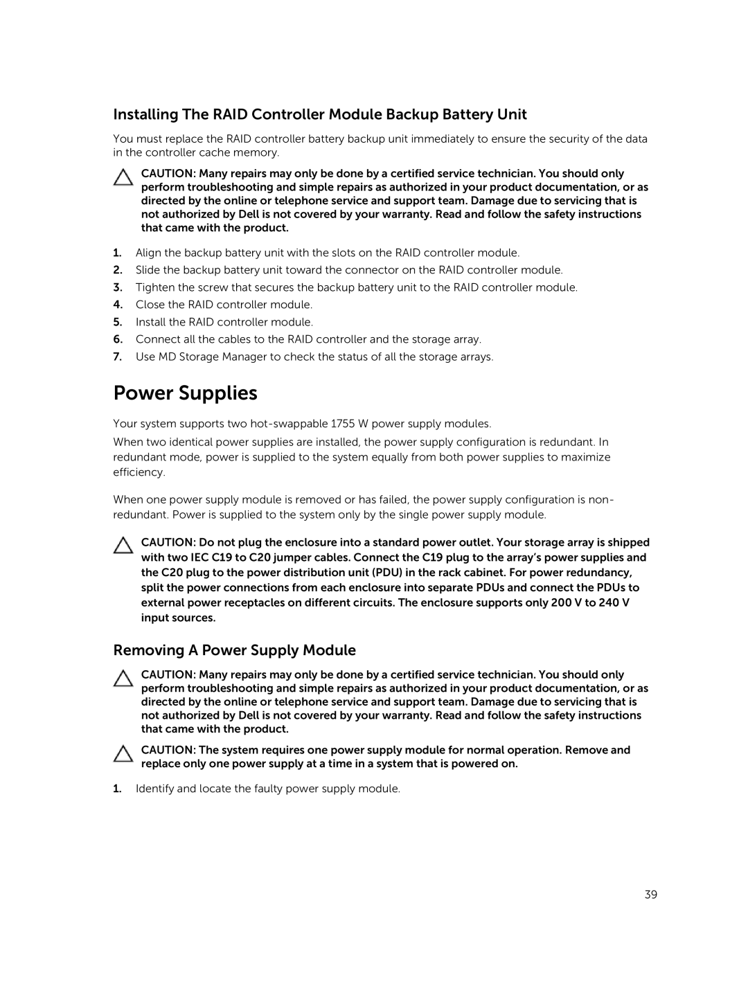 Dell E08J Series Power Supplies, Installing The RAID Controller Module Backup Battery Unit, Removing a Power Supply Module 