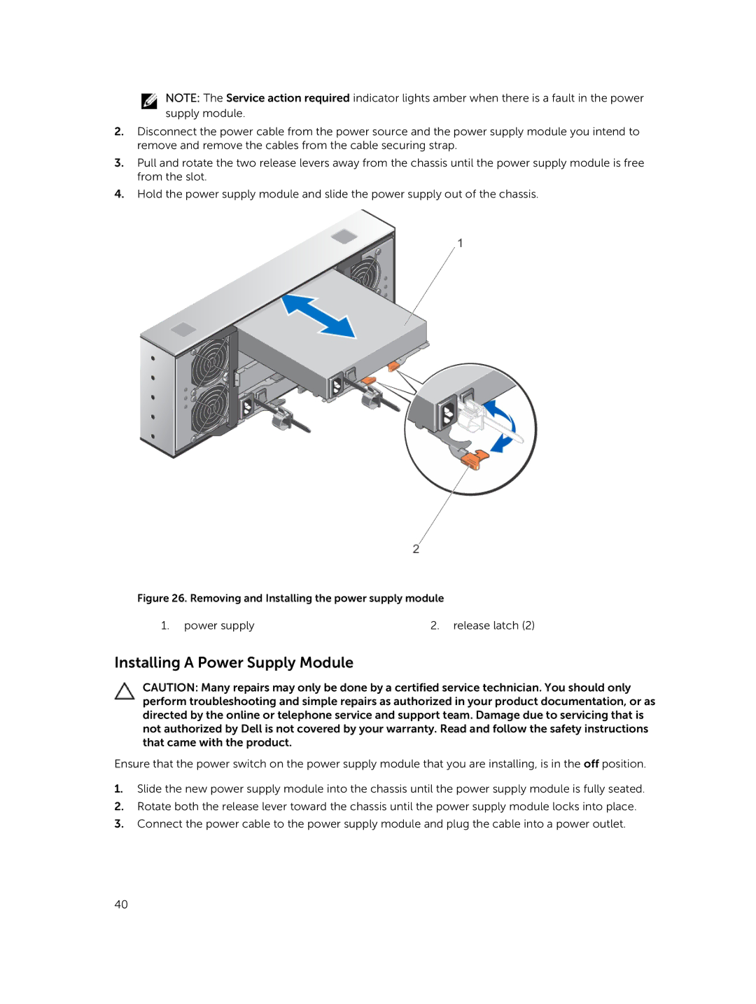 Dell E08J Series owner manual Installing a Power Supply Module, Removing and Installing the power supply module 