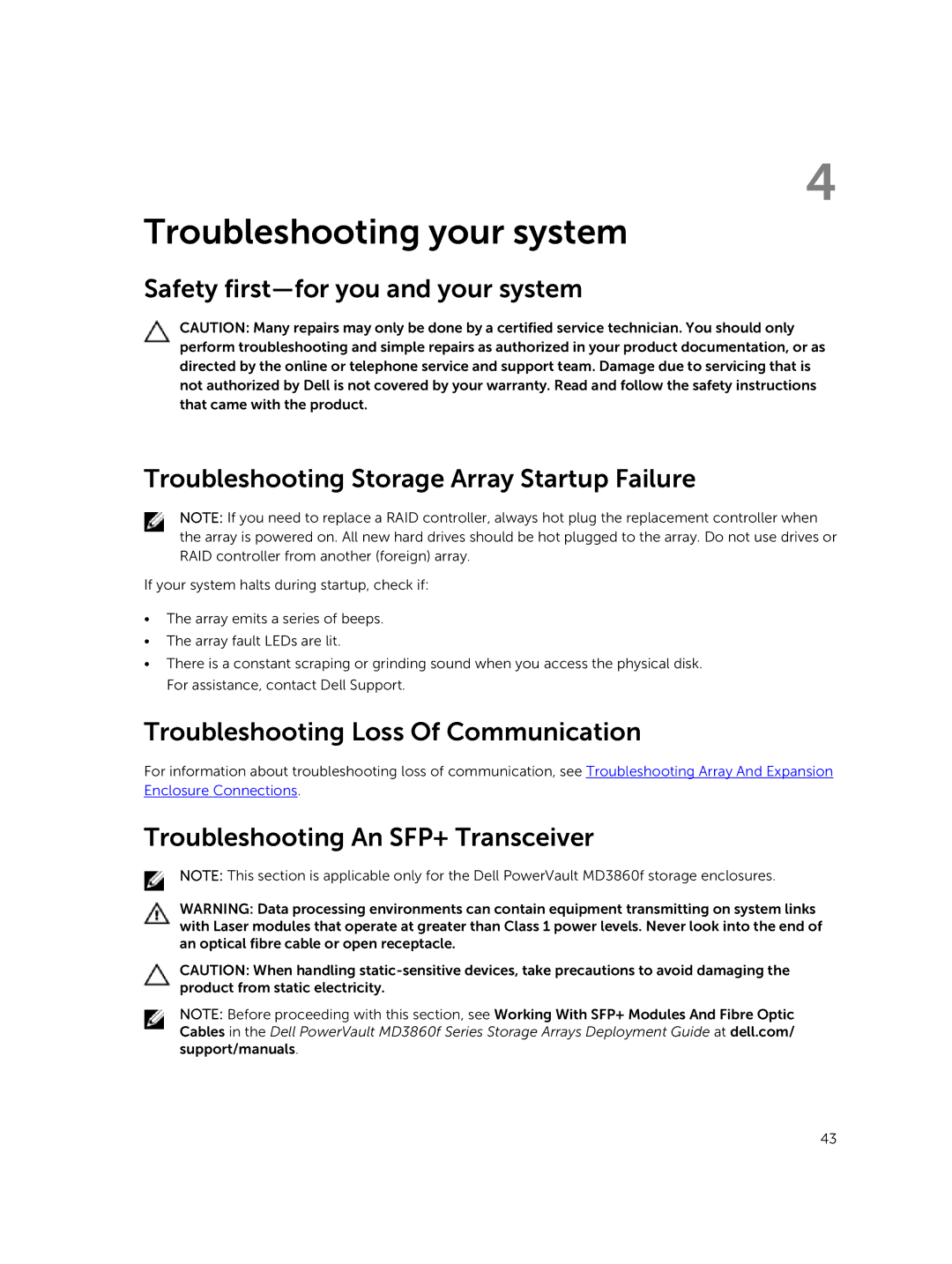 Dell E08J Series owner manual Troubleshooting Loss Of Communication, Troubleshooting An SFP+ Transceiver 