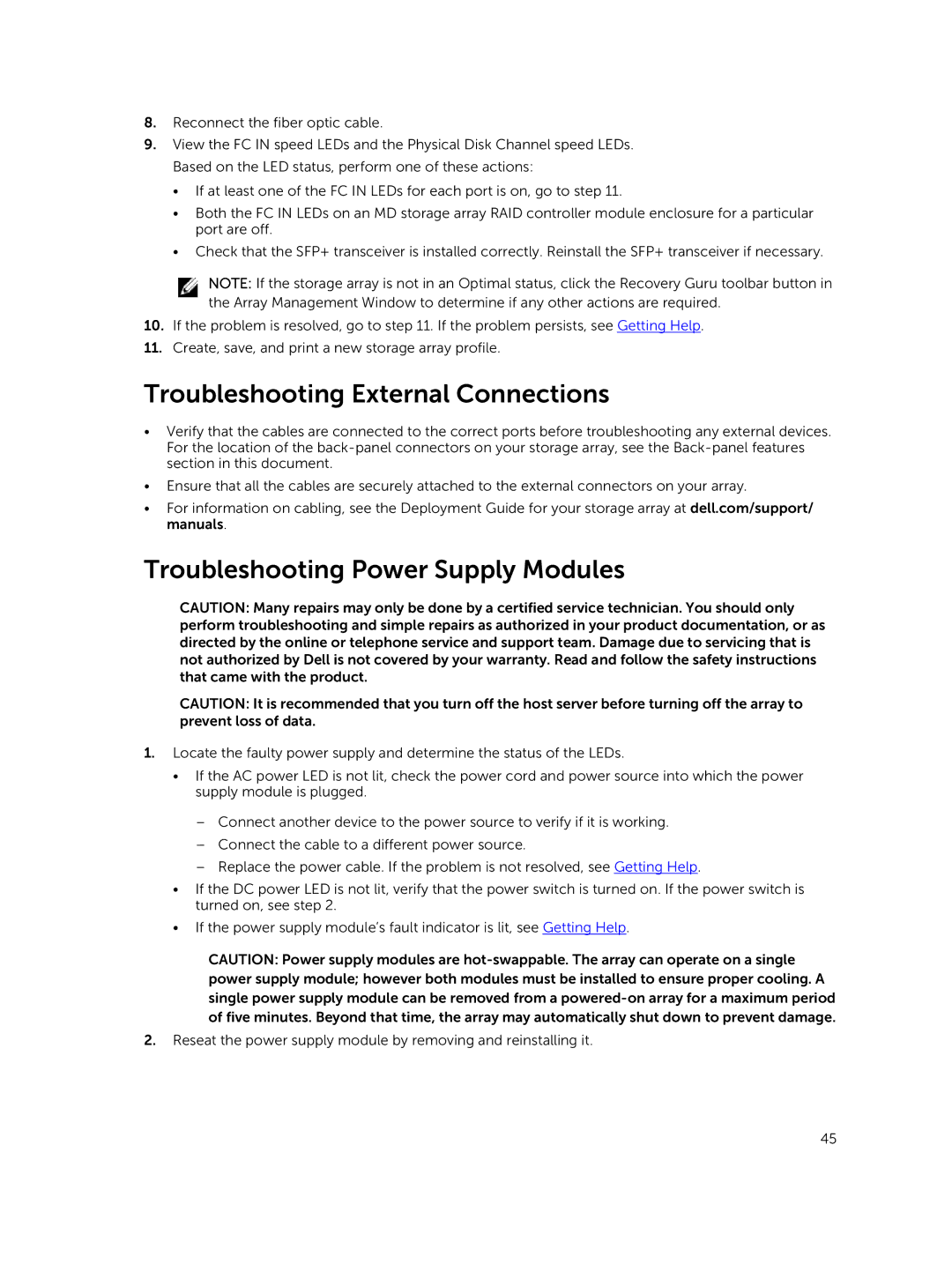 Dell E08J Series owner manual Troubleshooting External Connections, Troubleshooting Power Supply Modules 