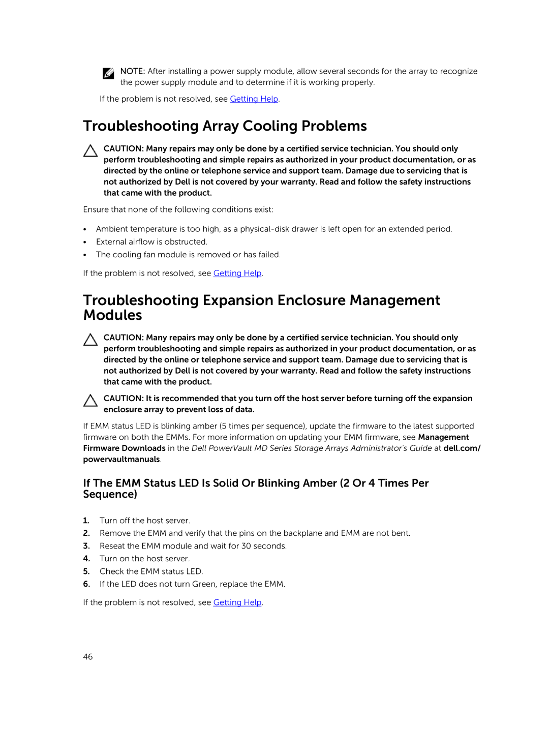 Dell E08J Series Troubleshooting Array Cooling Problems, Troubleshooting Expansion Enclosure Management Modules 