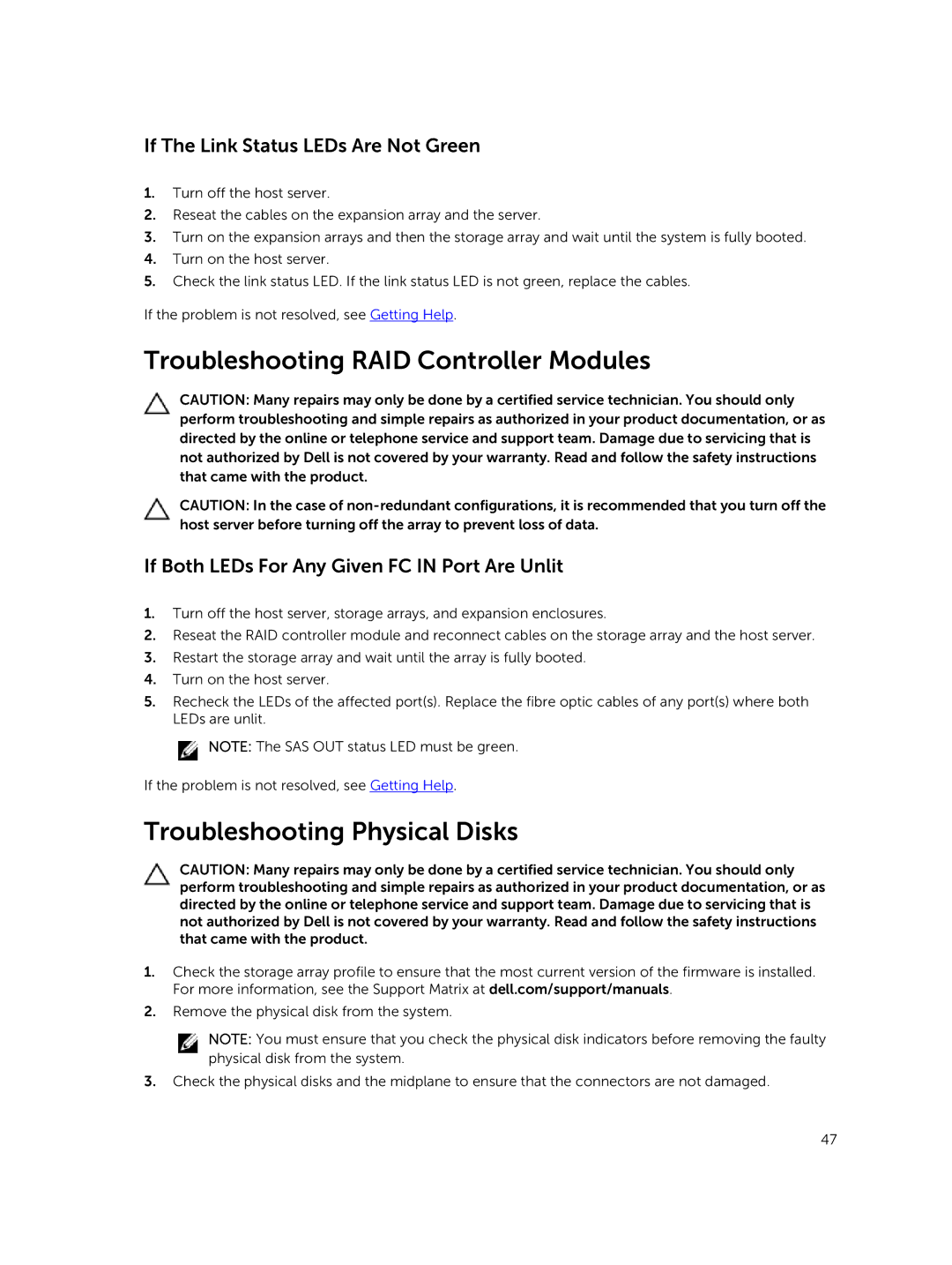 Dell E08J Series owner manual Troubleshooting RAID Controller Modules, Troubleshooting Physical Disks 