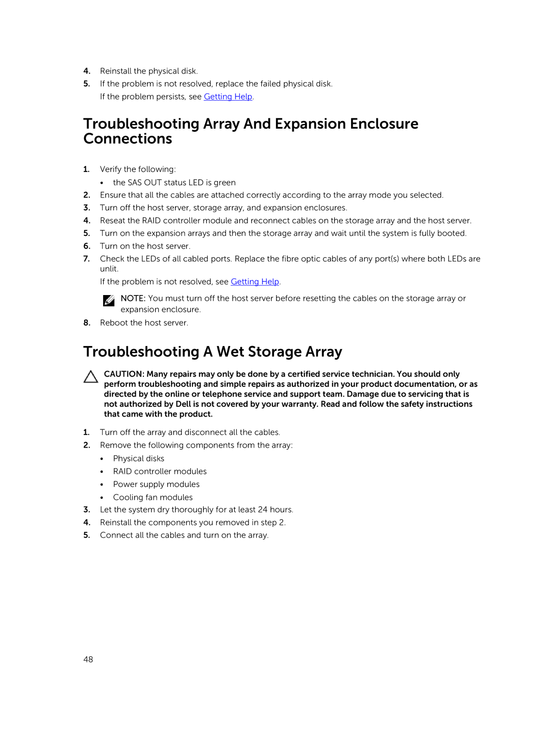 Dell E08J Series Troubleshooting Array And Expansion Enclosure Connections, Troubleshooting a Wet Storage Array 