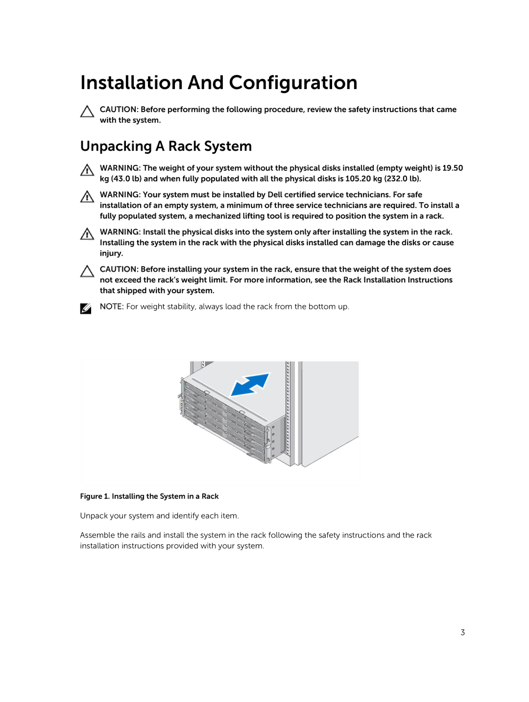 Dell E08J001 manual Installation And Configuration, Unpacking a Rack System 