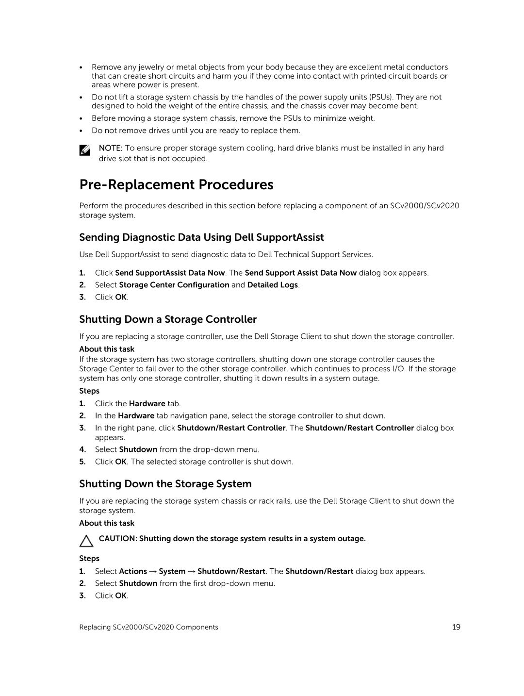 Dell E09J Pre-Replacement Procedures, Sending Diagnostic Data Using Dell SupportAssist, Shutting Down a Storage Controller 