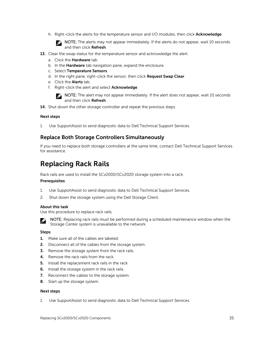 Dell E09J, E10J owner manual Replacing Rack Rails, Replace Both Storage Controllers Simultaneously 