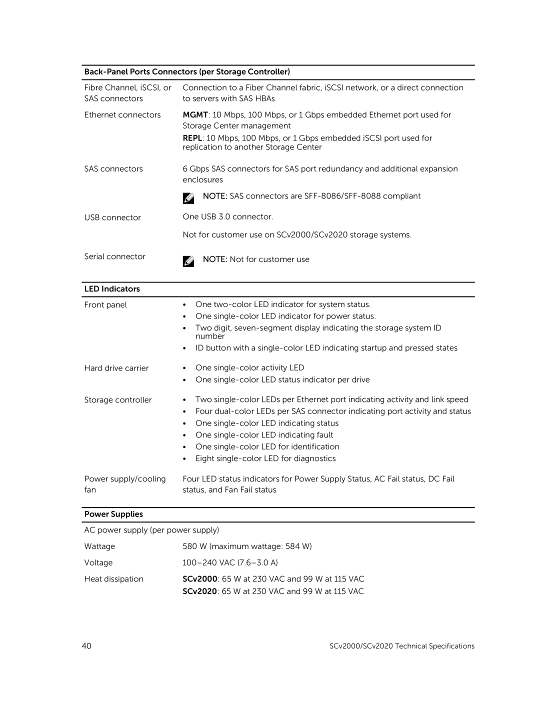 Dell E10J, E09J owner manual SCv2000/SCv2020 Technical Specifications 