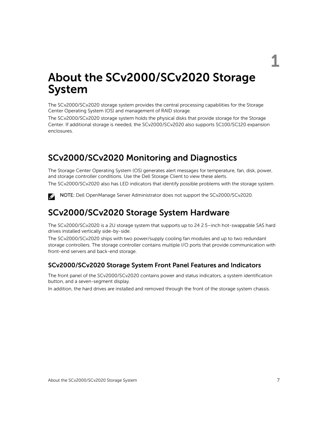 Dell E09J, E10J owner manual SCv2000/SCv2020 Monitoring and Diagnostics, SCv2000/SCv2020 Storage System Hardware 