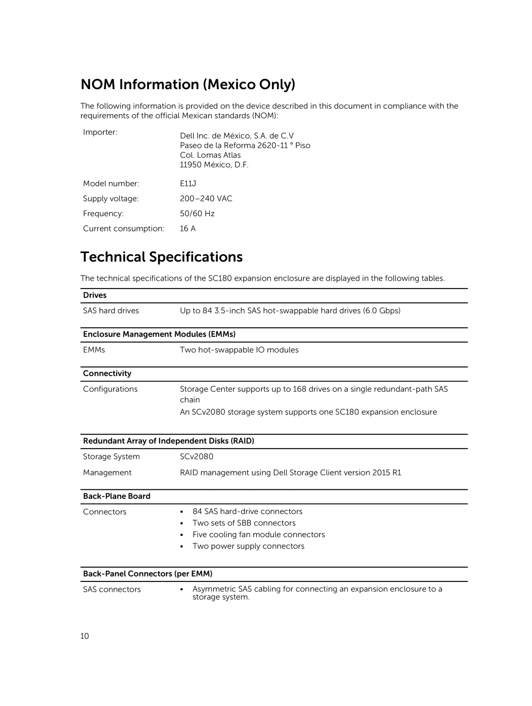 Dell E11J manual NOM Information Mexico Only, Technical Specifications 