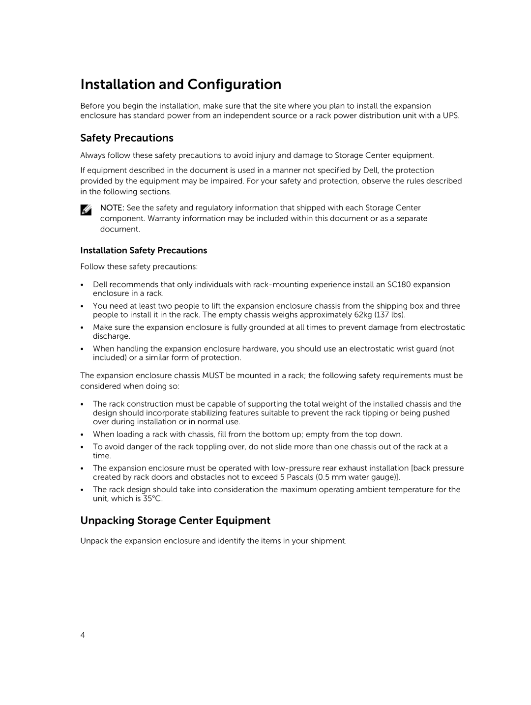 Dell E11J manual Installation and Configuration, Safety Precautions, Unpacking Storage Center Equipment 