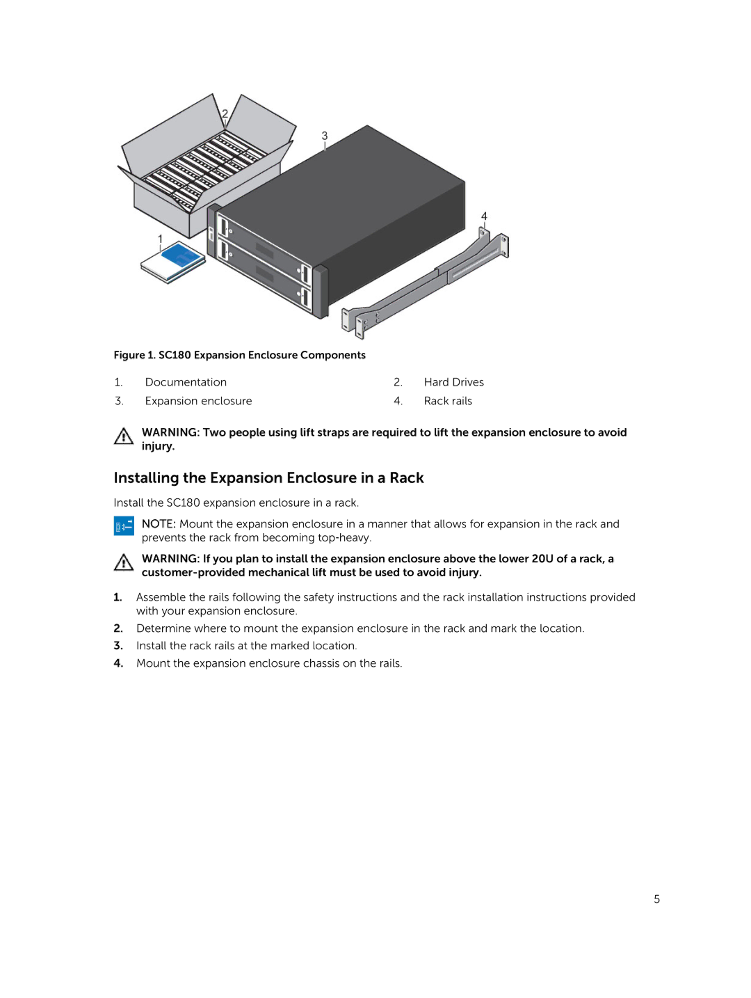 Dell E11J manual Installing the Expansion Enclosure in a Rack, SC180 Expansion Enclosure Components 