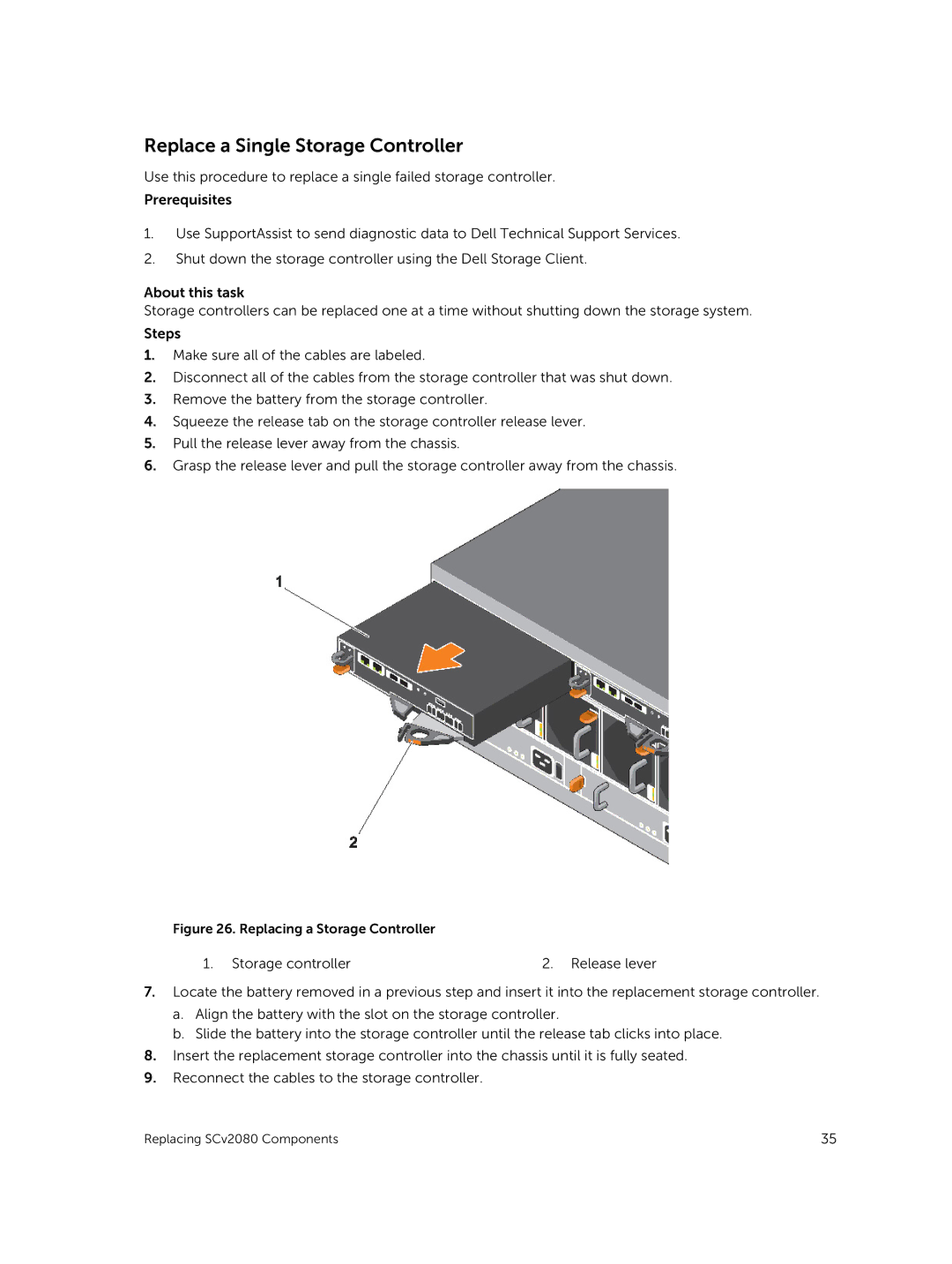 Dell E11J001 owner manual Replace a Single Storage Controller, Replacing a Storage Controller 