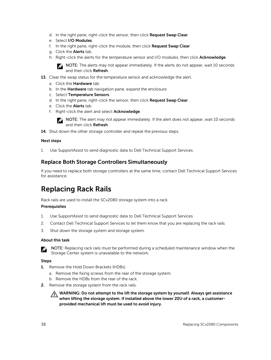 Dell E11J001 owner manual Replacing Rack Rails, Replace Both Storage Controllers Simultaneously 