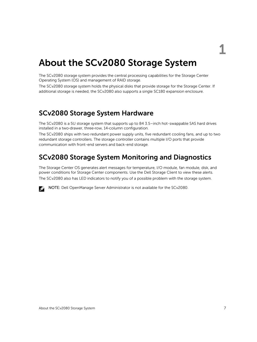 Dell E11J001 owner manual SCv2080 Storage System Hardware, SCv2080 Storage System Monitoring and Diagnostics 