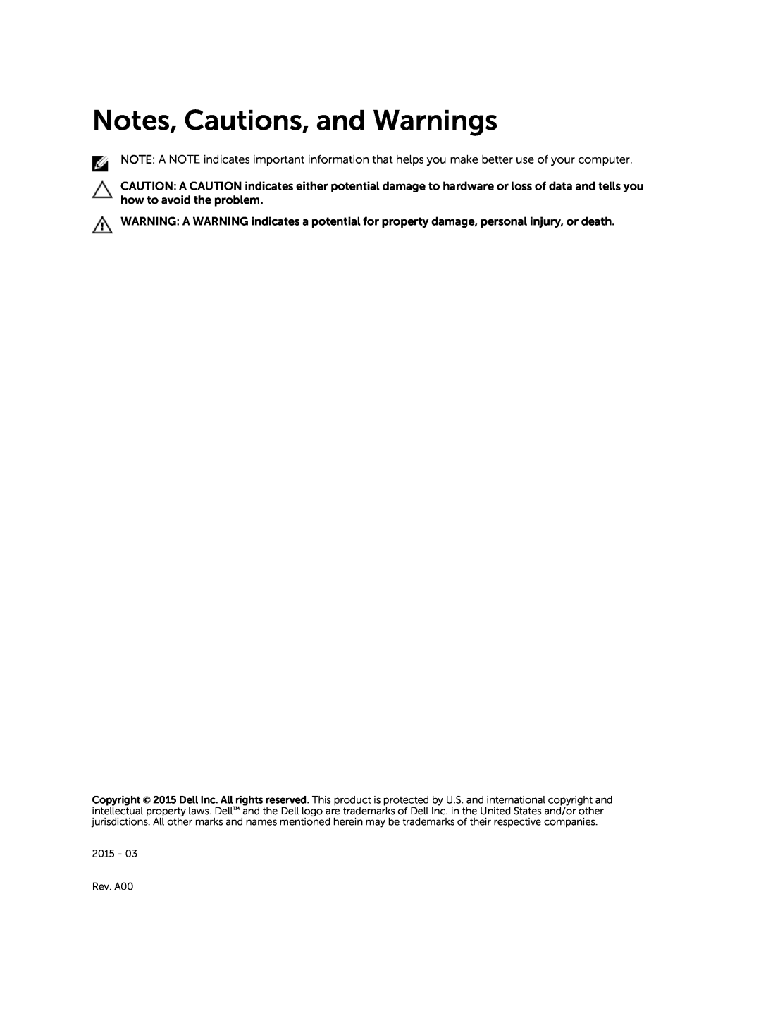 Dell E11J001 owner manual Notes, Cautions, and Warnings 