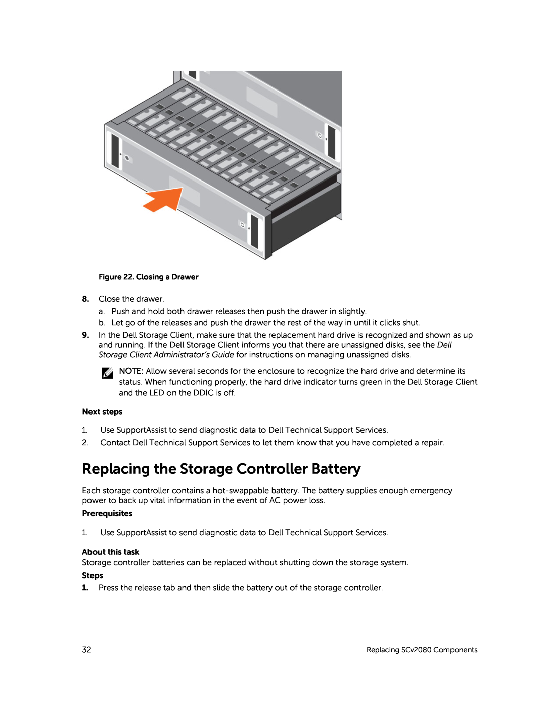Dell E11J001 owner manual Replacing the Storage Controller Battery 