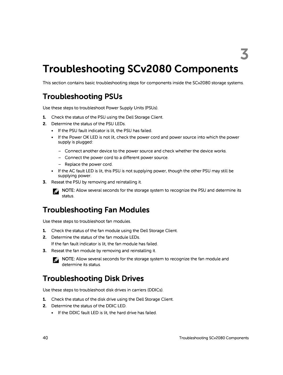 Dell E11J001 owner manual Troubleshooting SCv2080 Components, Troubleshooting PSUs, Troubleshooting Fan Modules 