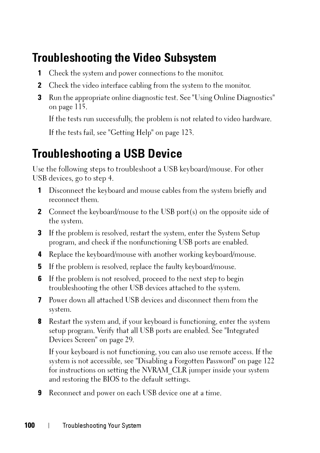 Dell E11S manual Troubleshooting the Video Subsystem, Troubleshooting a USB Device, 100 