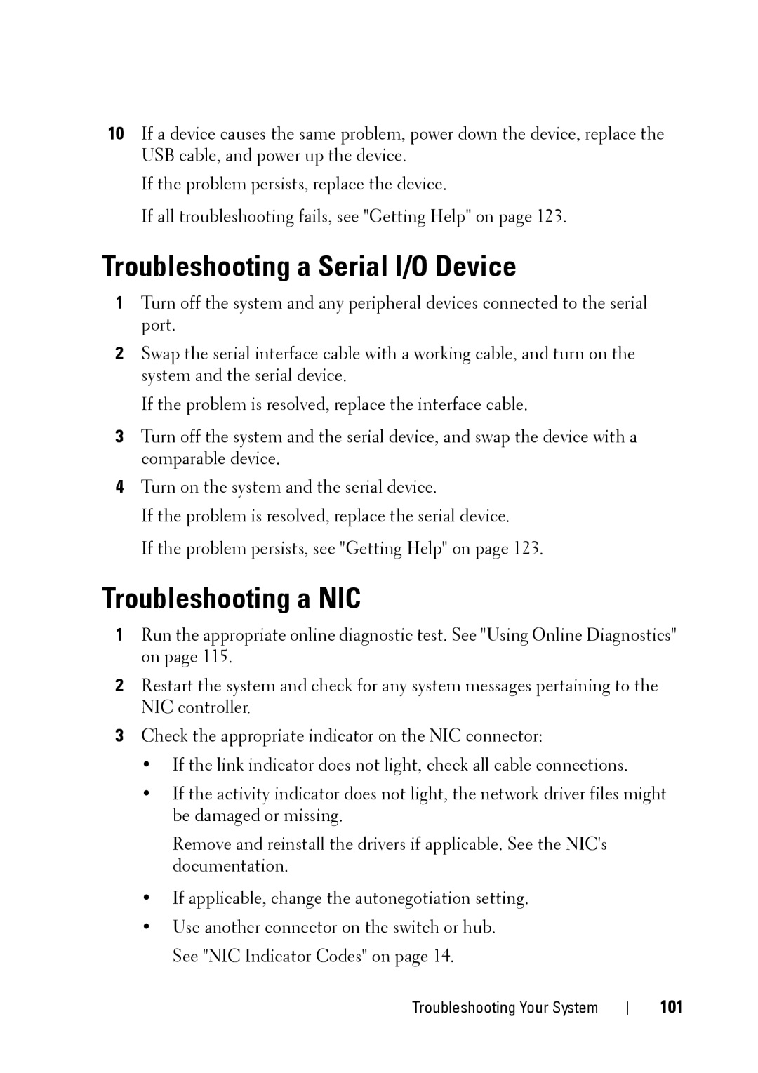 Dell E11S manual Troubleshooting a Serial I/O Device, Troubleshooting a NIC, 101 