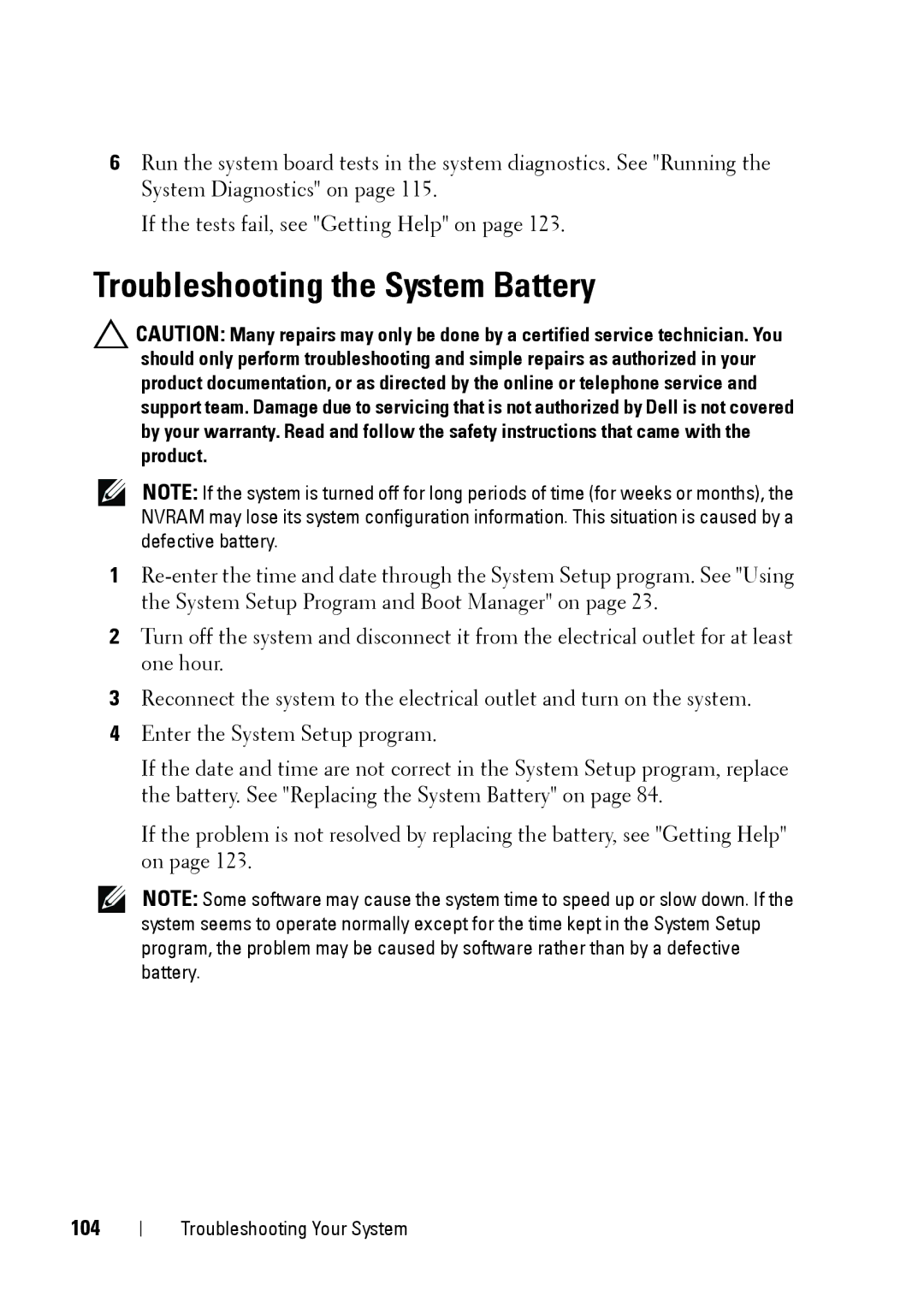 Dell E11S manual Troubleshooting the System Battery, 104 