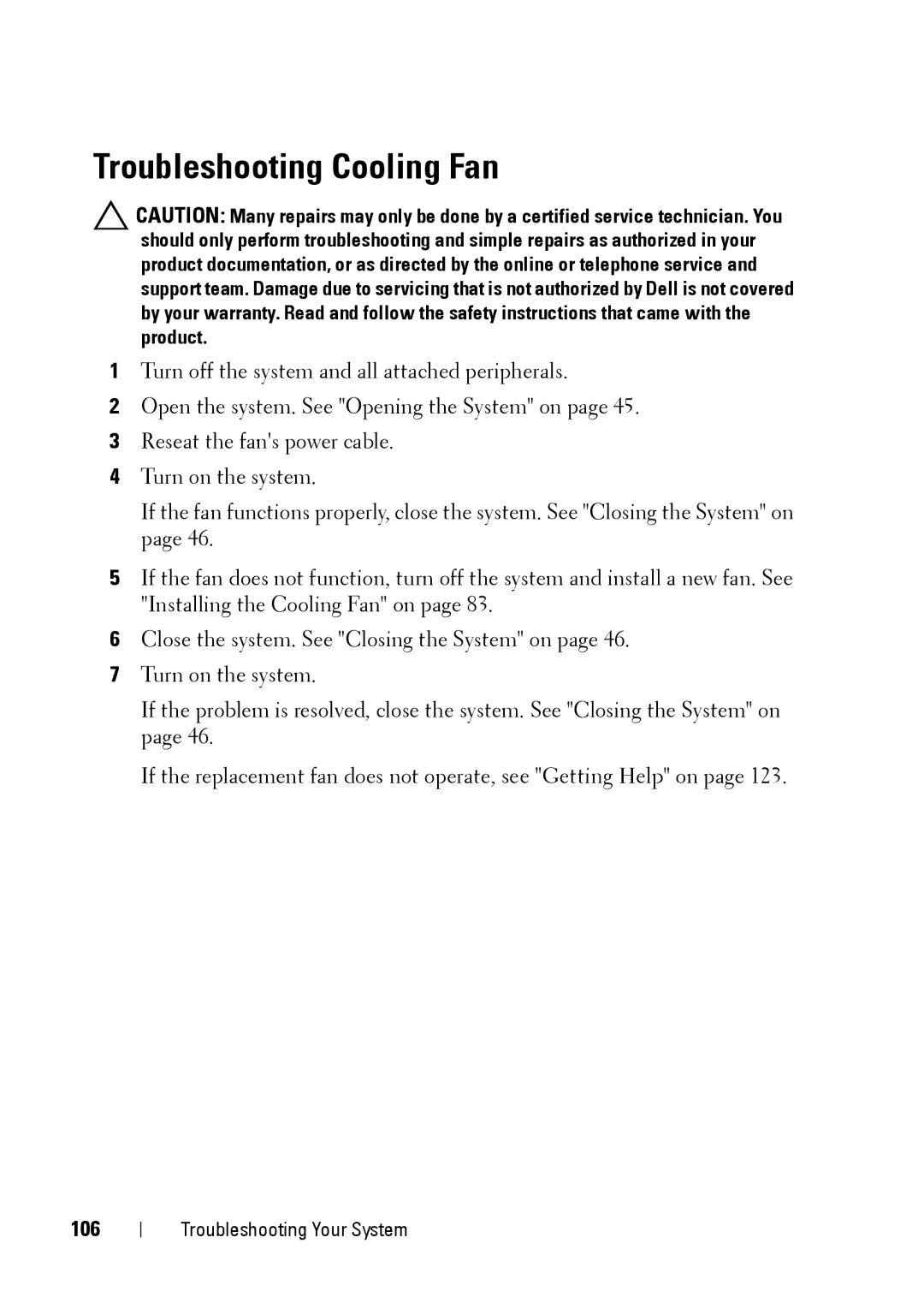 Dell E11S manual Troubleshooting Cooling Fan, 106 