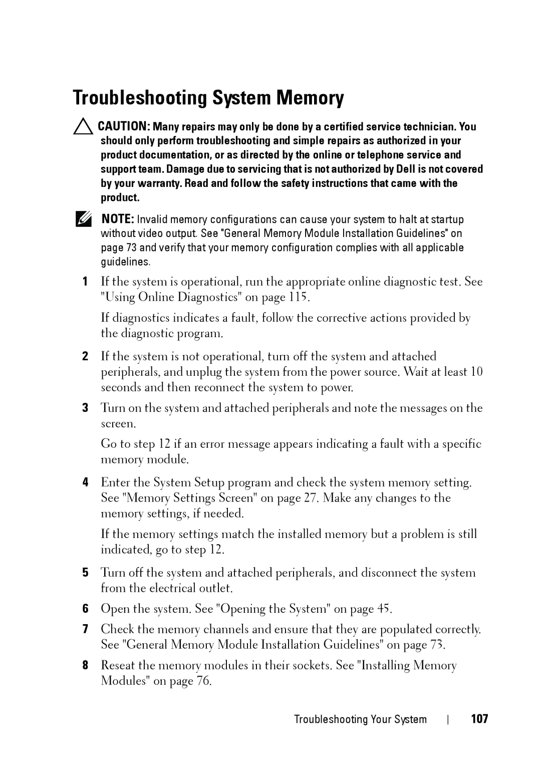 Dell E11S manual Troubleshooting System Memory, 107 