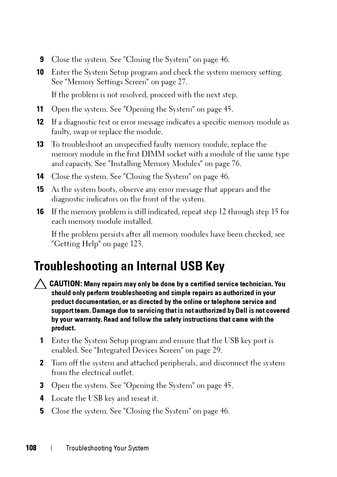 Dell E11S manual Troubleshooting an Internal USB Key, 108 