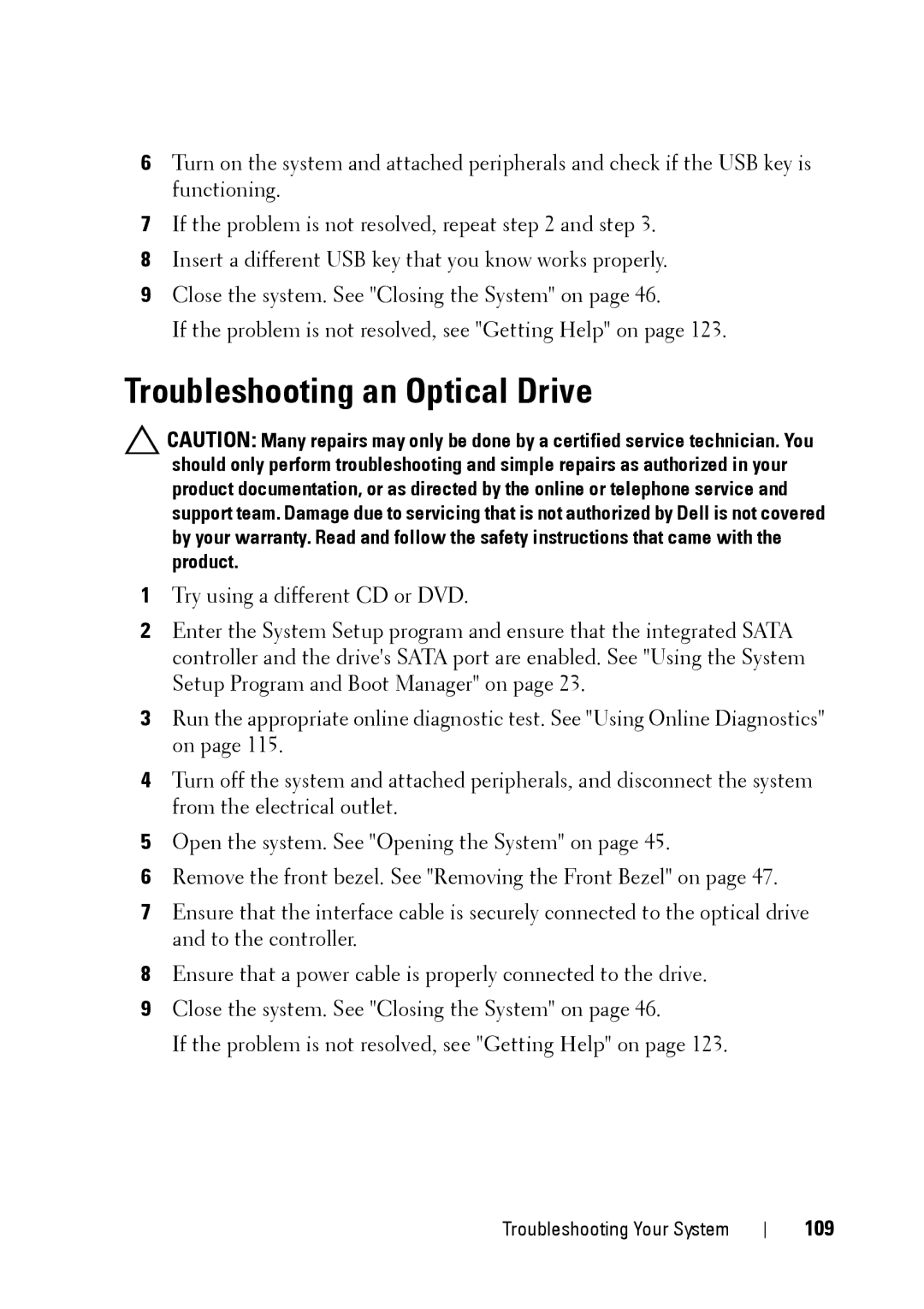 Dell E11S manual Troubleshooting an Optical Drive, 109 