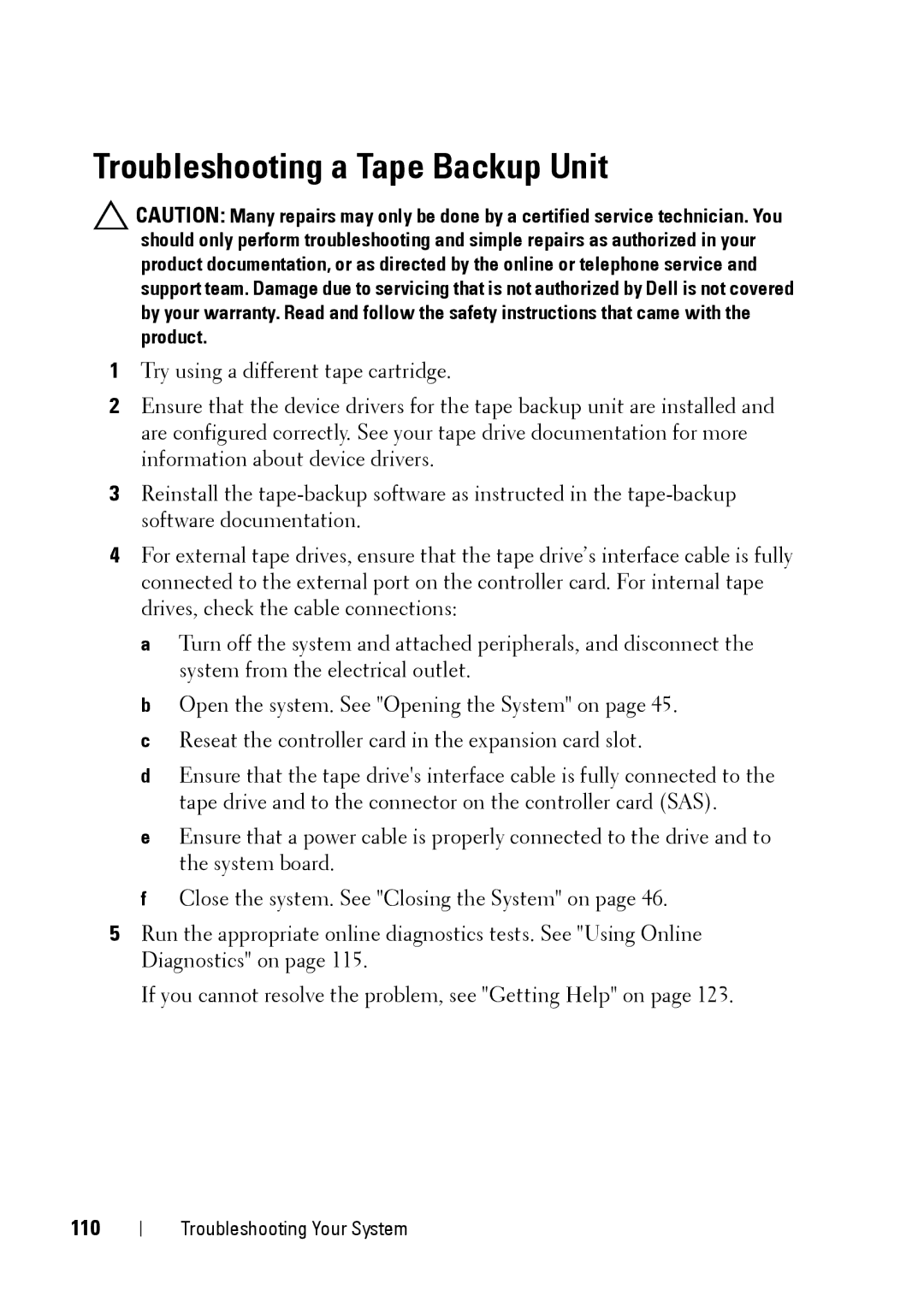 Dell E11S manual Troubleshooting a Tape Backup Unit, 110 