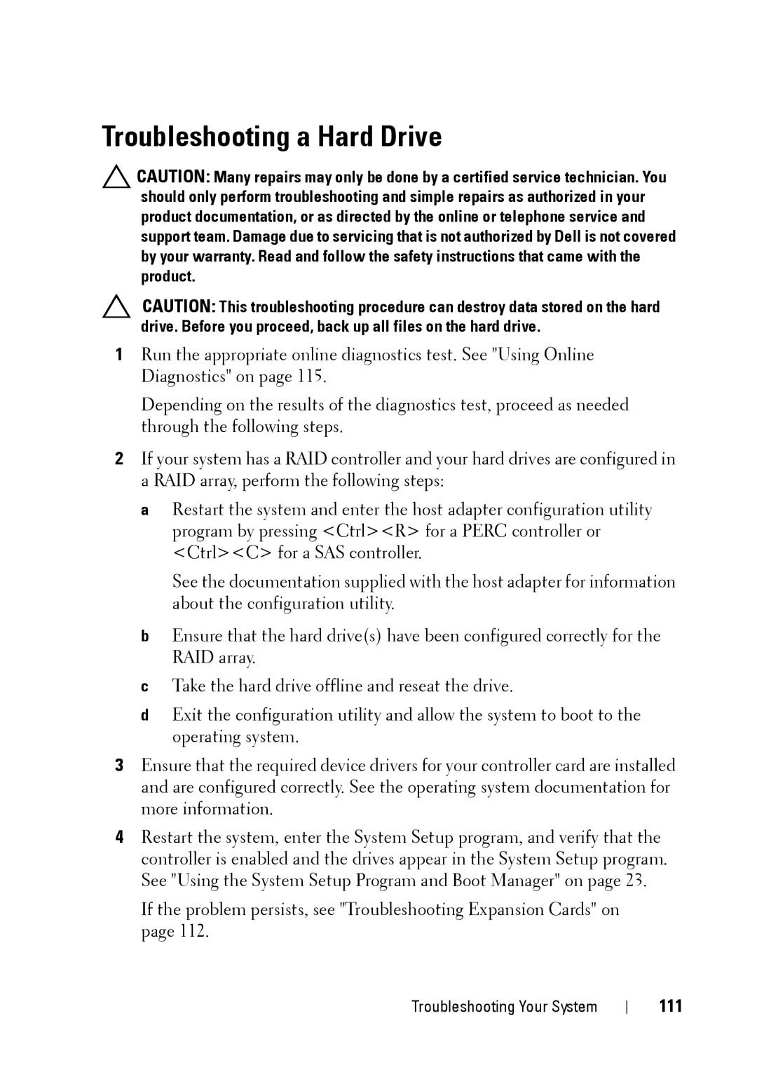 Dell E11S manual Troubleshooting a Hard Drive, 111 